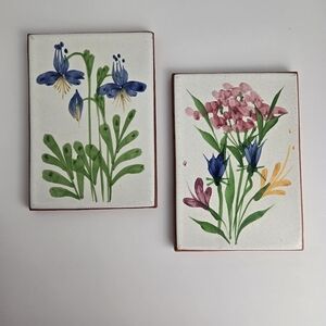 Vintage Set of 2 Floral Hand Painted Glazed Stoneware Rectangle Tile Trivets